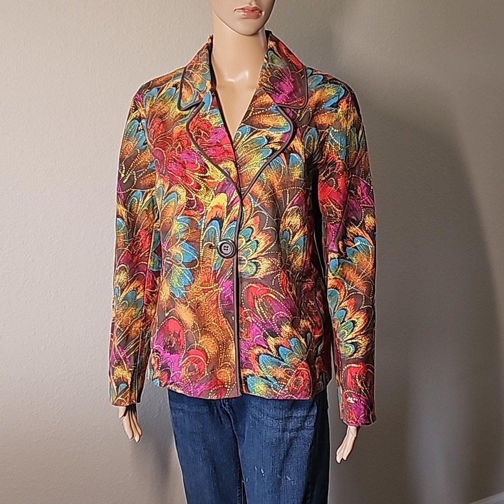 Chicos Abstract Floral Peacock Print Blazer Jacket Multi-Color Size 2 Large EUC